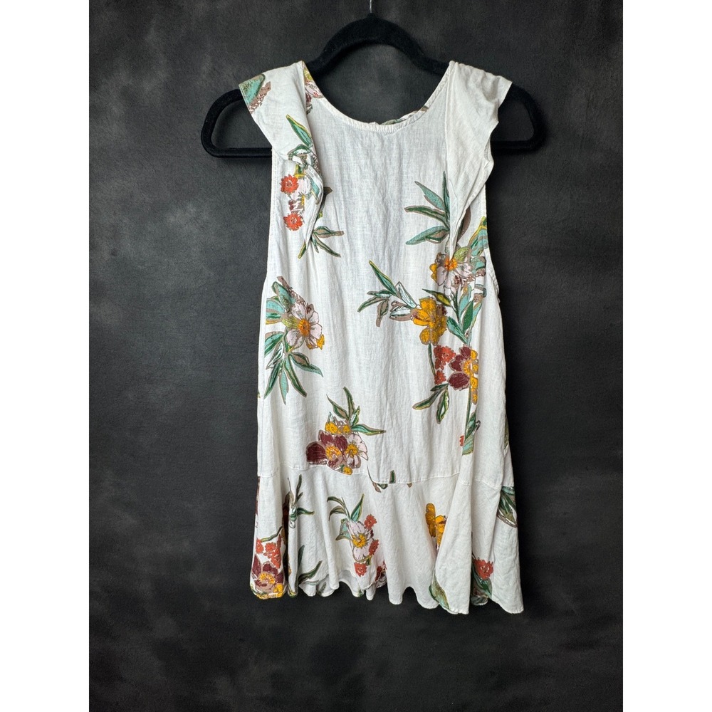 Free People White Floral Ruffle Sleeveless Mini Dress Tunic Tie Back Boho Small